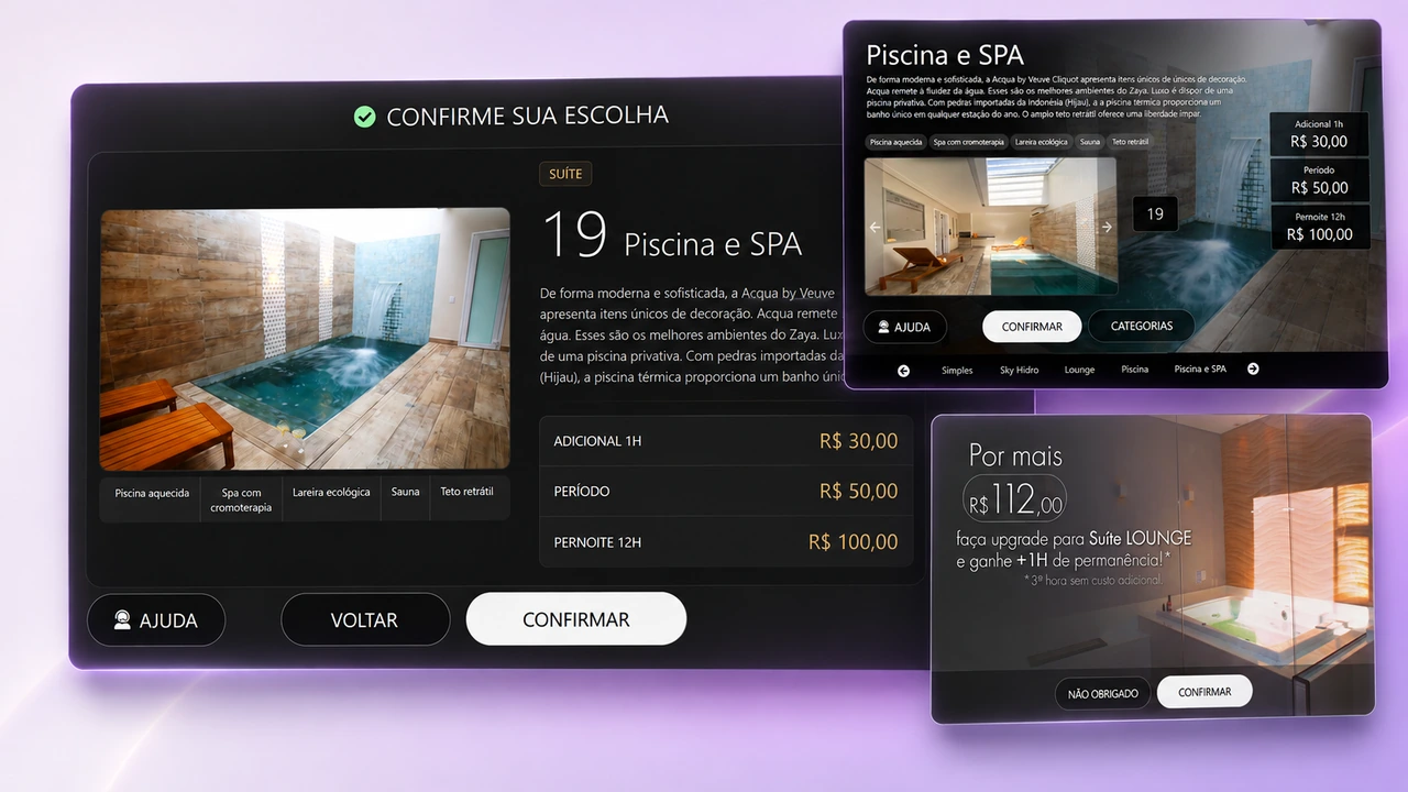 Telas do autoatendimento Motel+: confirmação da escolha da suíte com preços por período, detalhe da categoria e oferta de upgrade