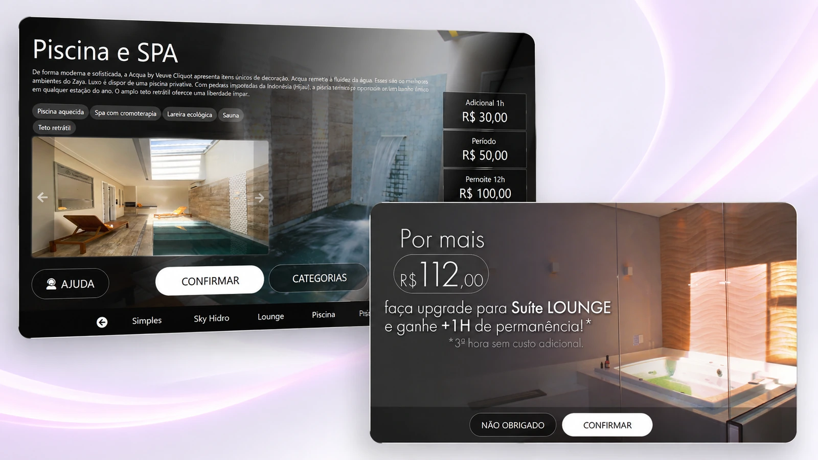 Tela do autoatendimento oferecendo upgrade para a Suíte Lounge por mais R$ 112,00 com uma hora extra de permanência