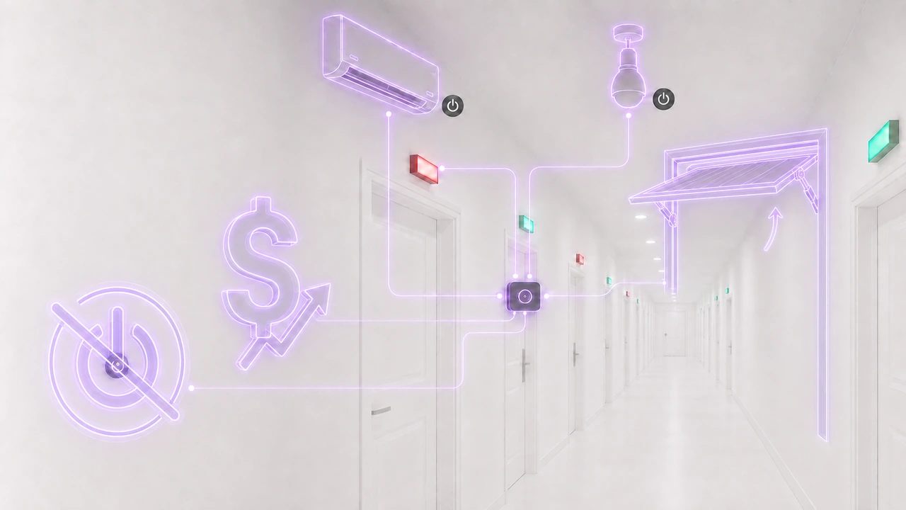 Corredor de suítes com as automações do Motel+ desenhadas sobre a cena: ar-condicionado, iluminação, sensores de porta e corte de energia ligados a uma central