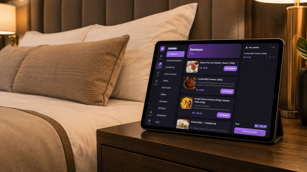 Tablet com o cardápio digital do Motel+ apoiado no criado-mudo da suíte