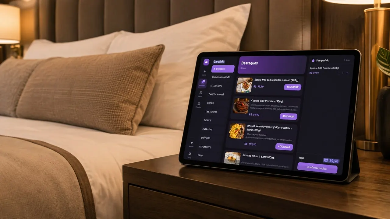 Tablet com o cardápio digital do Motel+ apoiado no criado-mudo da suíte