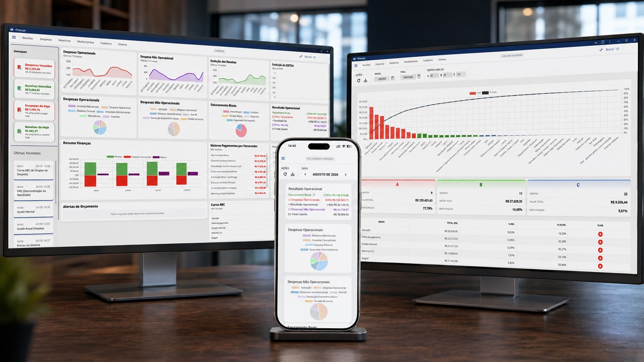 Motel+ Finanças aberto em dois monitores e no celular, com dashboard, curva ABC e fechamento mensal