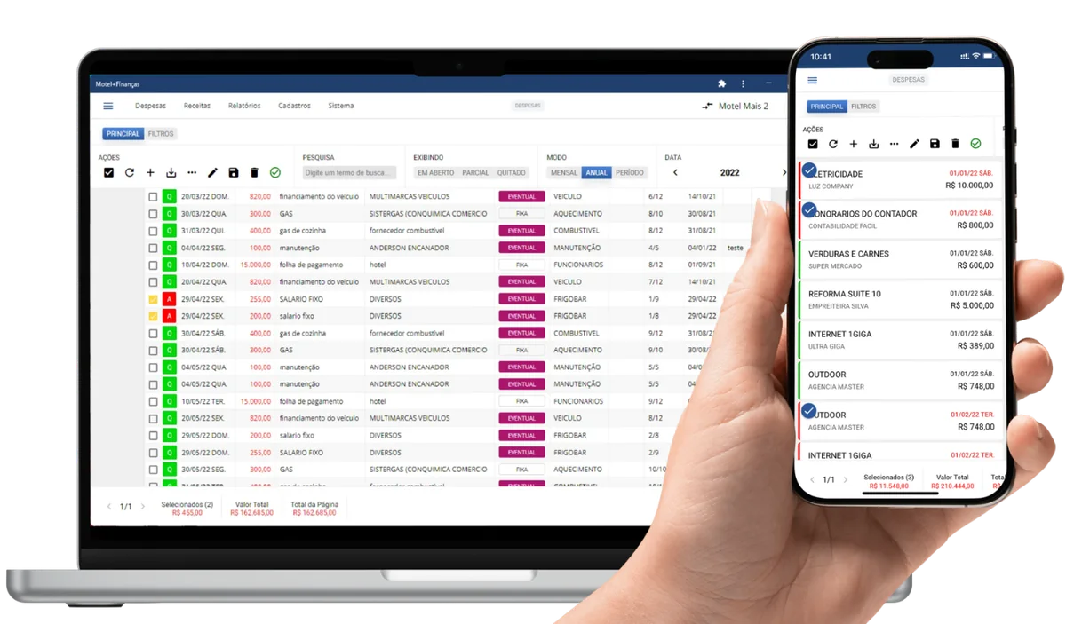 Motel+ Finanças com o lançamento de despesas no notebook e a mesma lista aberta no celular